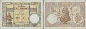 French Indochina: 100 Francs ND P. 51d in used condition with folds and light stain in paper, no pinholes and no tears, still strongness in paper, con...