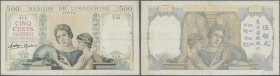 French Indochina: 500 Francs ND P. 57, used with several folds, 2 pinholes, light staining but no tears, still crispness in paper and no repairs, cond...