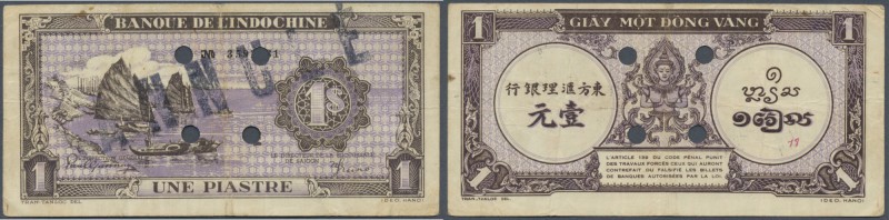 French Indochina: 1 Piastre ND(1942-45) P. 60 with 4 cancellation holes and stam...