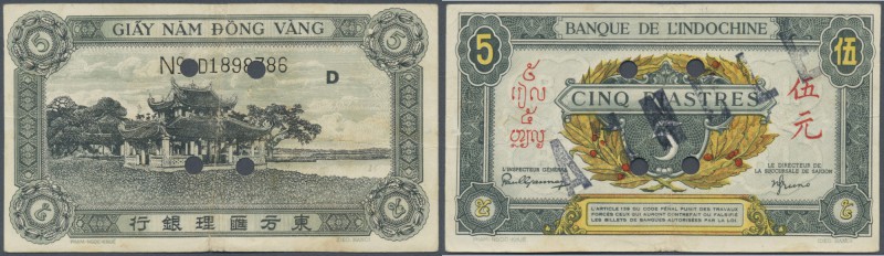 French Indochina: 5 Piastres ND(1942-45) P. 62b with 4 cancellation holes and st...