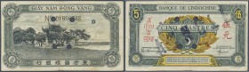 French Indochina: 5 Piastres ND(1942-45) P. 62b with 4 cancellation holes and stamped Annullé, several folds in paper, pinholes at left, condition: F....