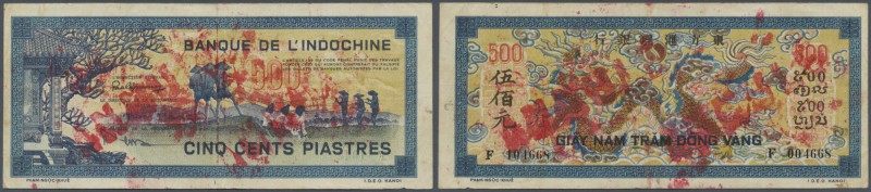 French Indochina: 500 Piastres ND(1942-45) P. 68 with red stamps Annullé on both...