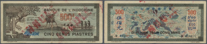 French Indochina: 500 Piastres ND(1942-45) P. 69 with red stamps Annullé on both...