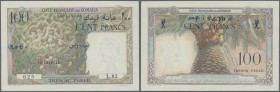 French Somaliland: 100 Francs ND P. 26, 3 pinholes, light center bend, still crispness in paper, condition: VF+.
