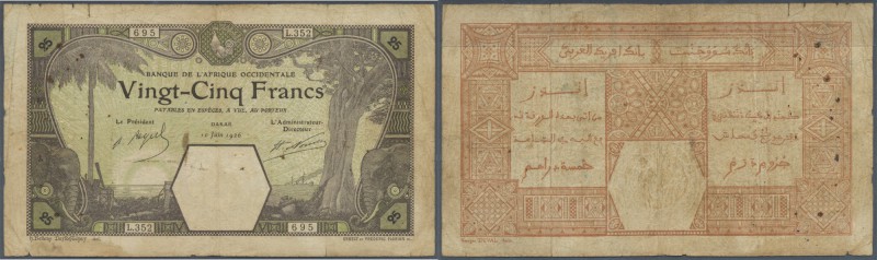 French West Africa: 25 Francs 1926 DAKAR P. 7Bc, used with stained paper, severa...