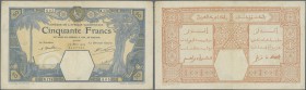 French West Africa: 50 Francs 1929 DAKAR issue P. 9Bb in used condition with folds and creases, light stain in paper, 2 pinholes at left, still strong...