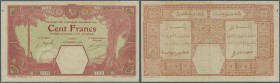 French West Africa: 100 France 1926 P. 11Bb, upper and right border trimmed, pinholes at upper left and lower right, folds in paper but still with cri...
