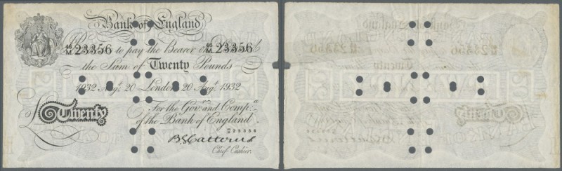 Great Britain: 20 Pounds 1933 P. 330, with light folds and bank cancellation hol...