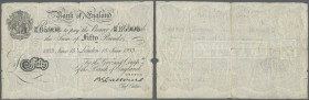 Great Britain: 50 Pounds 1933 Operation Bernhard Note in used condition with several folds and minor border tears, small center hole, condition: F-.