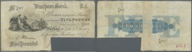 Great Britain: Durham Bank 5 Pounds 1889 P. NL, used with folds and creases, cancellation at lower right (cut), torn and taped in center on back side,...