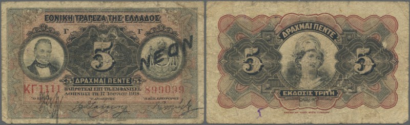 Greece: 5 Drachmai 1918 (1922) with overprint ”NEON”, P.64 in well worn conditio...