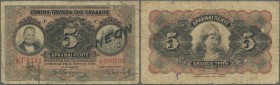 Greece: 5 Drachmai 1918 (1922) with overprint ”NEON”, P.64 in well worn condition with many folds, dirty paper and several small tears along the borde...