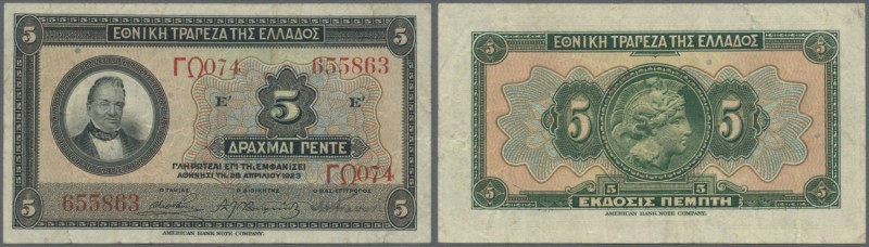Greece: 5 Drachmai 1923, P.73, nice and attractive note with slightly stained pa...