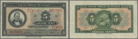 Greece: 5 Drachmai 1923, P.73, nice and attractive note with slightly stained paper and several folds. Condition: F+
