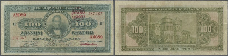 Greece: 100 Drachmai 1923 with red overprint ”NEON 1926”, P.85b in used conditio...