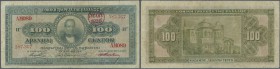 Greece: 100 Drachmai 1923 with red overprint ”NEON 1926”, P.85b in used condition with stained paper, several folds and tiny tears along the borders. ...