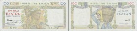 Greece: 100 Drachmai 1935, P.105 in excellent condition, very clean and crisp paper with bright colors, tiny dint at lower right corner, otherwise per...