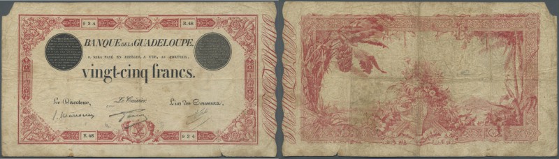 Guadeloupe: 25 Francs ND(1920-44) P. 8, rare note, used with folds and many crea...