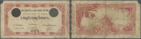Guadeloupe: 25 Francs ND(1920-44) P. 8, rare note, used with folds and many creases, corner missing at upper left, no holes but 2 large tears at lower...