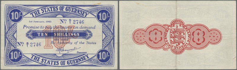 Guernsey: 10 Shillings 1943 Pick 32, horizontal and vertical fold, light handing...