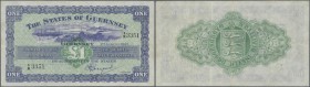 Guernsey: 1 Pound 1945 P. 43a, folded, probably pressed but no holes or tears, still strong paper, condition: F+ to VF-.
