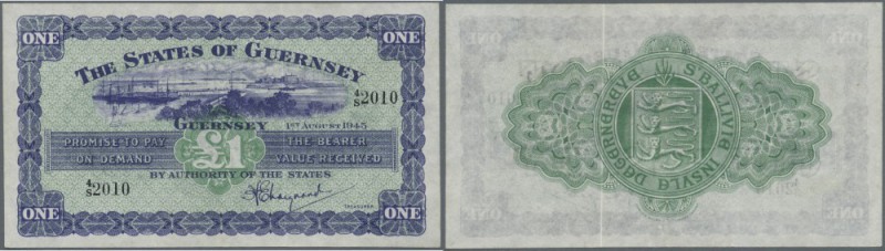 Guernsey: 1 Pound 1945 P. 43a, crisp paper but a bit wavy at upper and lower bor...