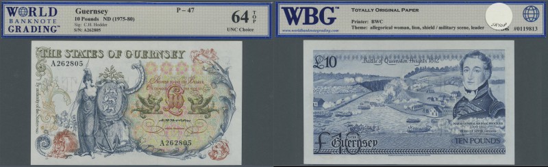 Guernsey: 10 Pounds ND(1975-80), P.47 in perfect condition, WBG graded 64 UNC Ch...
