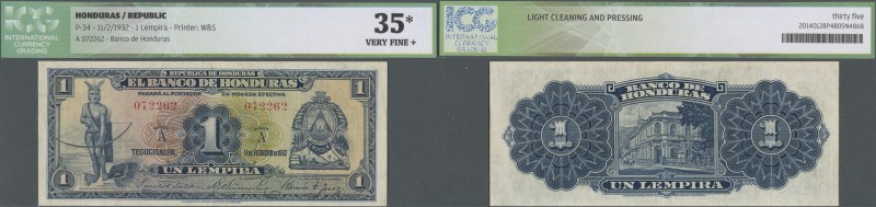 Honduras: Rare note 1 Lempira 1932 P. 34, ICG graded 35* VF+.