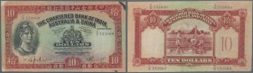 Hong Kong: 10 Dollars 1941 P. 55c, used with vertical folds and several creases, ink stain at upper and lower right, paper abrasion at upper and lower...