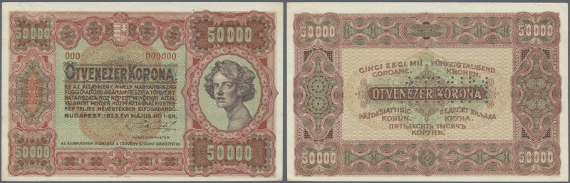 Hungary: 50.000 Korona 1923 SPECIMEN with perforation ”MINTA” and serial 000000,...