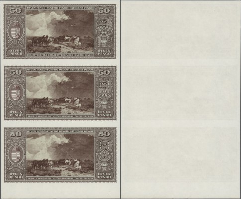 Hungary: uncut sheet of 3 backsite proofs of the 50 Pengö 1945, P.110p. Excellen...