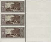 Hungary: uncut sheet of 3 backsite proofs of the 50 Pengö 1945, P.110p. Excellent condition with a few minor creases and slightly toned paper: XF+