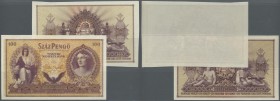 Hungary: 100 Pengö 1943 and a back side proof of this note, P.115, 115p, Both notes with vertical fold and traces of annotations at upper left and low...