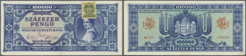 Hungary: 100.000 Pengö 1945 with adhesive stamp at upper right, P.120b, vertical...