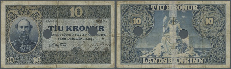 Iceland: 10 Kroner L.1885 (1900) P. 5b, torn an taped on back side, 2 cancellati...