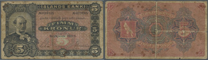 Iceland: 5 Kronur 1904 P. 10, used with several folds and creases in paper, stai...