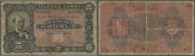 Iceland: 5 Kronur 1904 P. 10, used with several folds and creases in paper, stained oaoer, center hole, stronger horizontal and vertical fold, no repa...