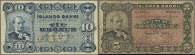 Iceland: pair with 5 and 10 Kronur 1904, P.10 and 11. 5 Kronur in well worn condition with stained paper, many folds and craeses and tiny tears, 10 Kr...