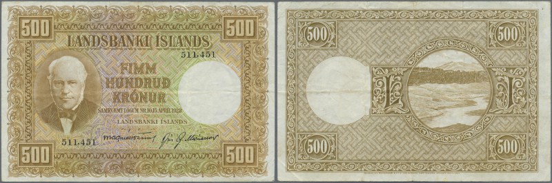 Iceland: 500 Kronur 1928 P. 36 in used condition with several folds, no holes, 2...