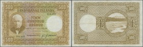 Iceland: 500 Kronur 1928 P. 36 in used condition with several folds, no holes, 2 minor border tears, still nice colors, condition: F to F+.