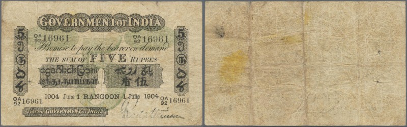 India: very rare British Government of India BURMA RANGOON issue 5 Ripees 1904 s...