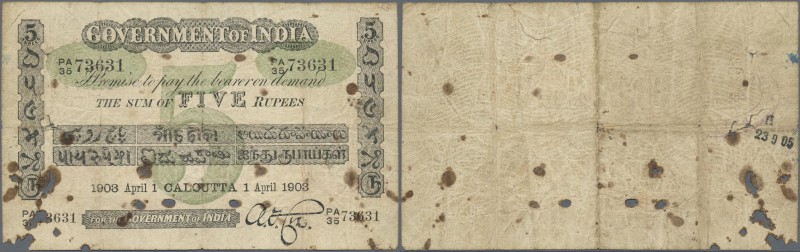 India: Government of India 5 Rupees 1903 P. A3, CALCUTTA issue, used with folds ...