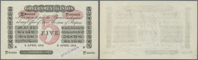 India: very rare Specimen of 5 Rupees 8.4.1915 Government of India P. A5s, with ...