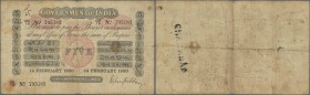 India: Government of India 5 Rupees 1920 P. A6, used with several folds and stain in paper, some holes in paper, also in center, stamped on back, no r...