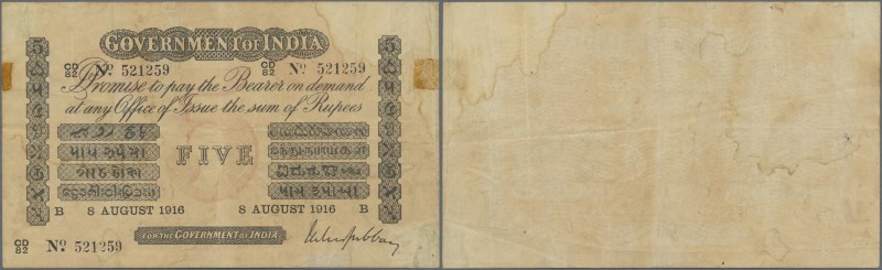 India: Government of India 5 Rupees 1916 P. A6, used with folds, faded print on ...