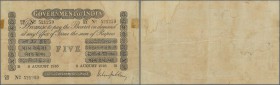India: Government of India 5 Rupees 1916 P. A6, used with folds, faded print on front, soiled paper, pinholes at left, no tears, still strongness in p...