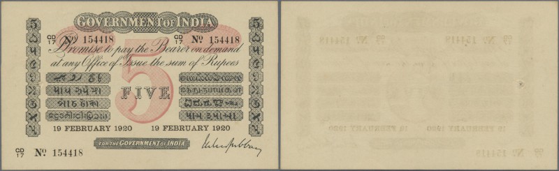 India: Government of India 5 Rupees 1920 P. A6, one larger usual pinhole at left...