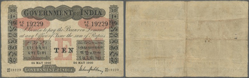 India: Government of India 10 Rupees 1920 P. A10, used with folds and stain in p...