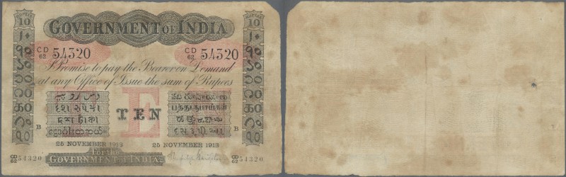 India: Government of India 10 Rupees 1913 P. A10 BOMBAY issue, stronger used wit...