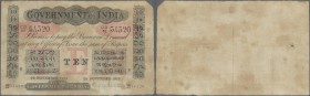 India: Government of India 10 Rupees 1913 P. A10 BOMBAY issue, stronger used with a bit faded print, stained paper, folds, one hole at left, no repair...
